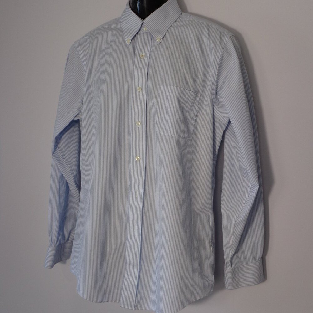 Brooks Brothers Shirt Blue White Strip Regular Fit Non Iron Cotton Men's 15.5 35